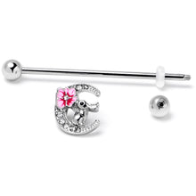 Load image into Gallery viewer, 14G Clear Gem Rabbit On Moon Flower Pink Industrial Barbell 38mm