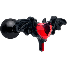 Load image into Gallery viewer, 16G 1/4 Red Gem Black Bleeding Heart Bat Cartilage Tragus Earring