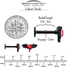 Load image into Gallery viewer, 16G 5/16 Red Gem Black Bleeding Heart Bat Labret Monroe Tragus