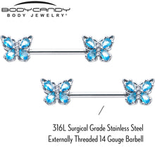 Load image into Gallery viewer, 14G 9/16 Blue Gem Baroque Beauty Butterfly Barbell Nipple Ring Set
