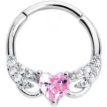 Load image into Gallery viewer, 16G 3/8 Pink Clear CZ Gem Flying Heart Hinged Segment Ring