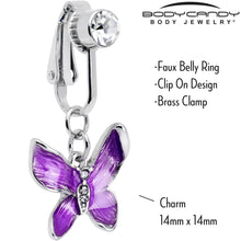 Load image into Gallery viewer, Clear Gem Chunky Butterfly Purple Clip On Fake Belly Ring