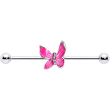 Load image into Gallery viewer, 14G Clear Gem Chunky Butterfly Pink Industrial Barbell 38mm
