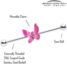 Load image into Gallery viewer, 14G Clear Gem Chunky Butterfly Pink Industrial Barbell 38mm