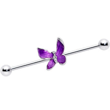 Load image into Gallery viewer, 14G Clear Gem Chunky Butterfly Purple Industrial Barbell 38mm