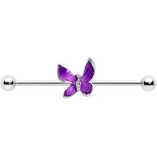 Load image into Gallery viewer, 14G Clear Gem Chunky Butterfly Purple Industrial Barbell 38mm
