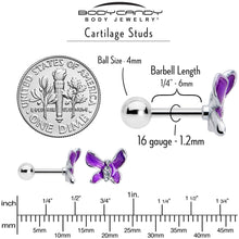 Load image into Gallery viewer, 16G 1/4 Clear Gem Chunky Butterfly Purple Cartilage Tragus Earring