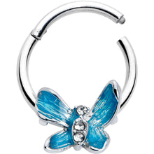 Load image into Gallery viewer, 16G 3/8 Clear Gem Chunky Butterfly Blue Hinged Segment Ring