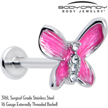 Load image into Gallery viewer, 16G 5/16 Clear Gem Chunky Butterfly Pink Labret Monroe Tragus