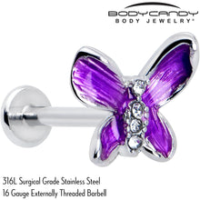 Load image into Gallery viewer, 16G 5/16 Clear Gem Chunky Butterfly Purple Labret Monroe Tragus