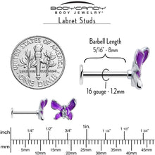 Load image into Gallery viewer, 16G 5/16 Clear Gem Chunky Butterfly Purple Labret Monroe Tragus