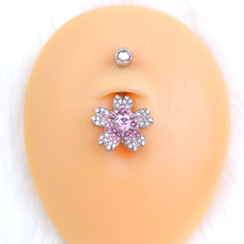 Load image into Gallery viewer, Clear Pink Gem Heart in Flower Belly Ring