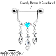 Load image into Gallery viewer, 14G 9/16 Blue Gem Heart Triple Drop Dangle Nipple Ring Set