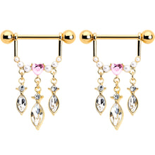 Load image into Gallery viewer, 14G 9/16 Pink Gem Gold Tone Heart Triple Dangle Nipple Ring Set