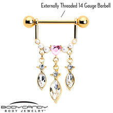 Load image into Gallery viewer, 14G 9/16 Pink Gem Gold Tone Heart Triple Dangle Nipple Ring Set