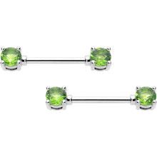 Load image into Gallery viewer, 14G 9/16 Green CZ Gem August Birthstone Nipple Ring Set