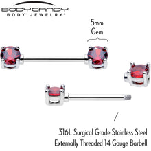 Load image into Gallery viewer, 14G 9/16 Red CZ Gem July Birthstone Nipple Ring Set