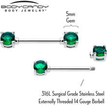 Load image into Gallery viewer, 14G 9/16 Green CZ Gem May Birthstone Nipple Ring Set