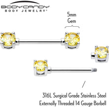 Load image into Gallery viewer, 14G 9/16 Yellow CZ Gem November Birthstone Nipple Ring Set