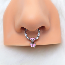 Load image into Gallery viewer, 16G 3/8 Clear CZ Gem Luv Butterfly Pink Dangle Hinged Segment Ring