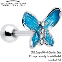 Load image into Gallery viewer, 16G 1/4 Clear Gem Chunky Butterfly Blue Cartilage Tragus Earring