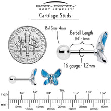 Load image into Gallery viewer, 16G 1/4 Clear Gem Chunky Butterfly Blue Cartilage Tragus Earring