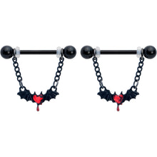 Load image into Gallery viewer, 14G 9/16 Red Gem Black Bleeding Heart Bat Dangle Nipple Ring Set