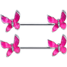 Load image into Gallery viewer, 14G 9/16 Clear Gem Chunky Butterfly Pink Barbell Nipple Ring Set