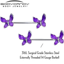 Load image into Gallery viewer, 14G 9/16 Clear Gem Chunky Butterfly Purple Barbell Nipple Ring Set