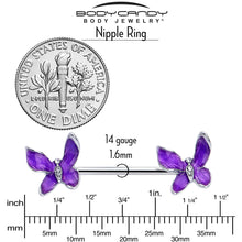Load image into Gallery viewer, 14G 9/16 Clear Gem Chunky Butterfly Purple Barbell Nipple Ring Set