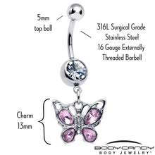 将图片加载到图库查看器,Pink Gem Butterfly Beauty Bling Dangle Belly Ring