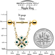 Load image into Gallery viewer, 14G 9/16 Green Gem Gold Tone Flower Wreath Dangle Nipple Ring Set