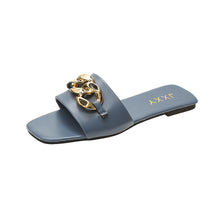 将图片加载到图库查看器,Women Sandals Design Gold Chain Closed Toe Slip On Mules Shoes Flat Heels Square Head Casual Slides Summer Slippers Open Toe Flat Sandals Metal Chain PU Leather Slides Shoes