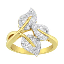 Load image into Gallery viewer, 10k Yellow and White Gold 1/2 Cttw Baguette and Round Diamond Bypass Triple Leaf Ring (I-J Color, I1-I2 Clarity) - Size 7