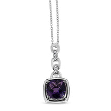将图片加载到图库查看器,.925 Sterling Silver 6x6MM Cushion Shaped Natural Purple Amethyst and Diamond Accented Bale 18" Inch Pendant Necklace (I-J Color, I1-I2 Clarity)