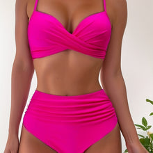 Load image into Gallery viewer, Tropical Vibe High Waist Bikini Set – Flirty V-Neck Swimsuit with Layered Colorblock High Cut Bottom Crisscross Strap Detail & Ultra-Stretch Comfort – Women's Two Piece Swimwear for Summer Beach Pool & Vacation Fun