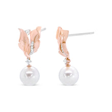 Load image into Gallery viewer, 14K Rose Gold 1/6 Cttw Round Diamond and 8mm Round Pearl Floral Drop Stud Earrings (H-I Color, I1-I2 Clarity)