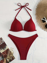 将图片加载到图库查看器,Bikini Rib Knit Solid Color Triangle 2 Piece Swimsuit for Women – Adjustable Tie Back Halter Bikini Set with Spaghetti Straps – High Stretch Polyester Swimwear for Summer Beachwear Poolside Relaxation and Tropical Vacation