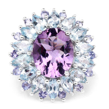 Load image into Gallery viewer, "7.79 Carat Genuine Amethyst, Blue Topaz and Tanzanite .925 Sterling Silver Ring