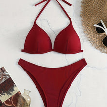 将图片加载到图库查看器,Bikini Rib Knit Solid Color Triangle 2 Piece Swimsuit for Women – Adjustable Tie Back Halter Bikini Set with Spaghetti Straps – High Stretch Polyester Swimwear for Summer Beachwear Poolside Relaxation and Tropical Vacation