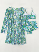 将图片加载到图库查看器,Modern Geo 3-Piece Bikini Set – Vibrant Geometric Print Fluttering Swimwear with V-Neck Top Boxer Shorts Bottoms and Long Sleeve Cover Shirt – Comfortable High-Stretch Women’s Beachwear for Pool & Summer Vacations