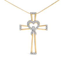 Load image into Gallery viewer, 14K Yellow Gold Plated .925 Sterling Silver 1/6 Cttw Diamond Interlocking Heart and Ribbon Cross Pendant Necklace (H-I Color, I2-I3 Clarity) - 18" Inches