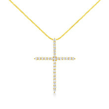 将图片加载到图库查看器,10K Yellow Gold Plated .925 Sterling Silver 3.0 Cttw Prong-Set Round Brilliant Cut Diamond Cross 18" Pendant Necklace (J-K Color, I1-I2 Clarity)