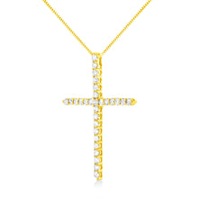 将图片加载到图库查看器,10K Yellow Gold Plated .925 Sterling Silver 3.0 Cttw Prong-Set Round Brilliant Cut Diamond Cross 18" Pendant Necklace (J-K Color, I1-I2 Clarity)