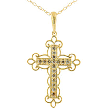 Load image into Gallery viewer, 10K Yellow Flashed .925 Sterling Silver 1/4 Cttw Champagne Diamond Filigree Cross Pendant Necklace (K-L Color, I1-I2 Clarity) - 18"