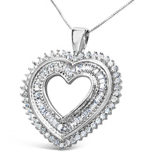 Load image into Gallery viewer, .925 Sterling Silver 1.0 Cttw Baguette and Round Diamond Heart Pendant 18" Necklace (H-I Color, I3 Clarity)