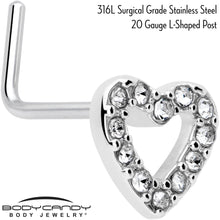 Load image into Gallery viewer, 20G 7mm Clear Gem Hollow Paved Heart L Shape Nose Ring