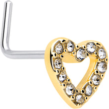 Load image into Gallery viewer, 20G 7mm Clear Gem Golden Hollow Paved Heart L Shape Nose Ring
