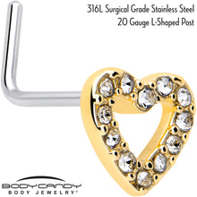 Load image into Gallery viewer, 20G 7mm Clear Gem Golden Hollow Paved Heart L Shape Nose Ring