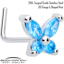 Load image into Gallery viewer, 20G 7mm Blue CZ Gem Open Wing Butterfly L Shape Nose Ring